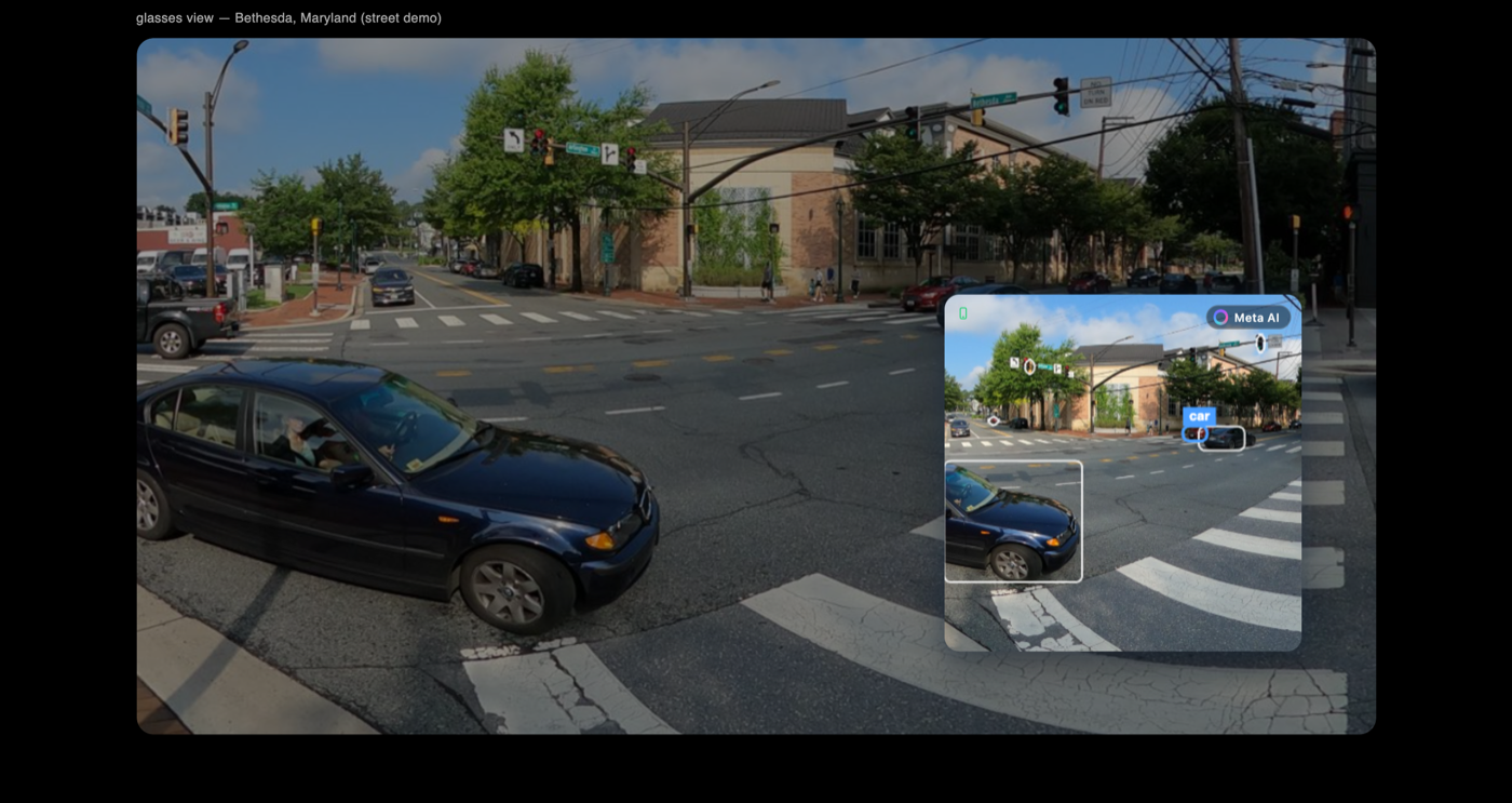Meta Ray-Ban Display: object detection sits in a compact display panel in one corner, with a car boxed and labelled.