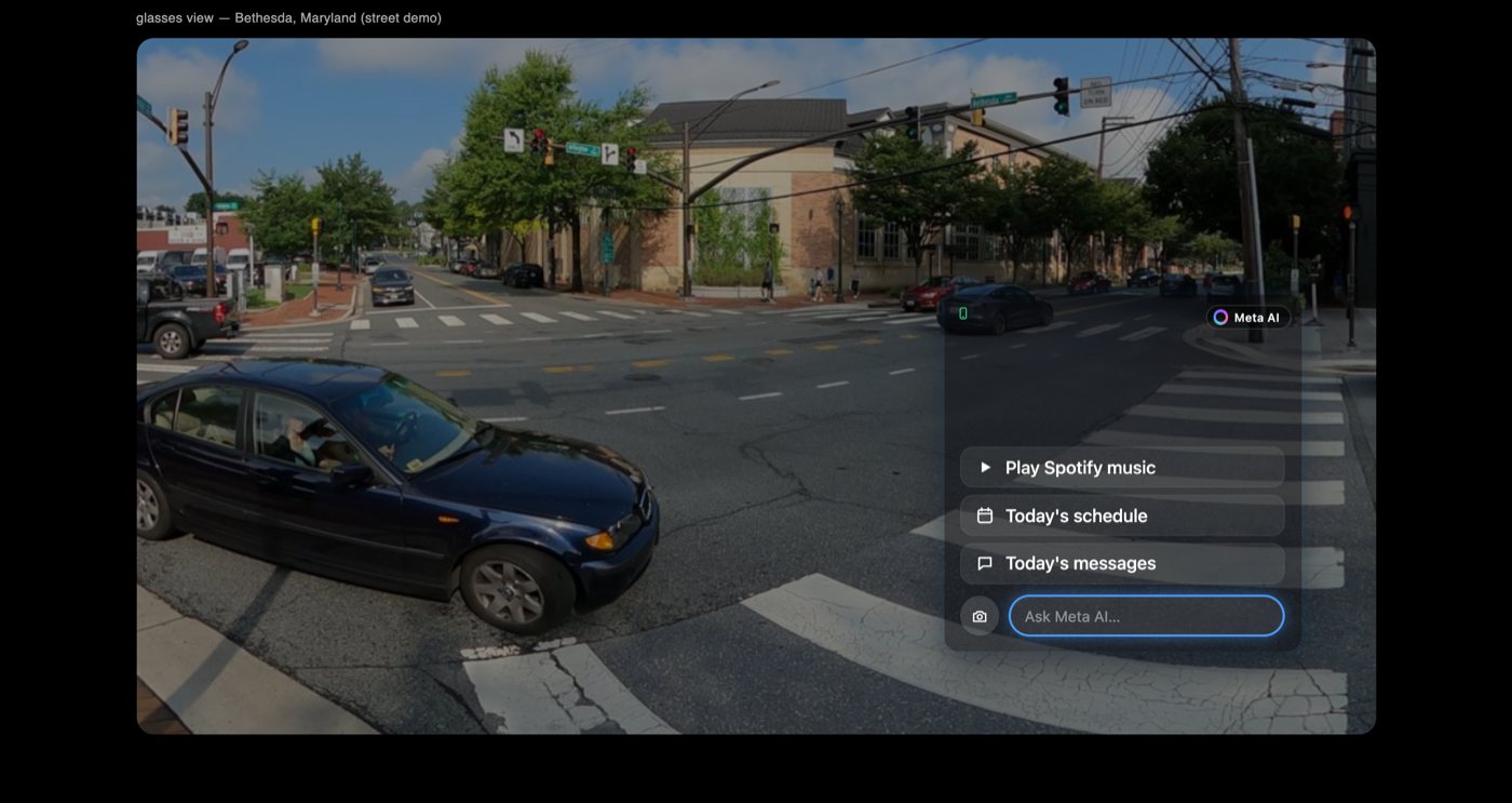 Meta Ray-Ban Display: a Meta AI panel offers quick actions (Play Spotify music, Today's schedule, Today's messages, Ask Meta AI).