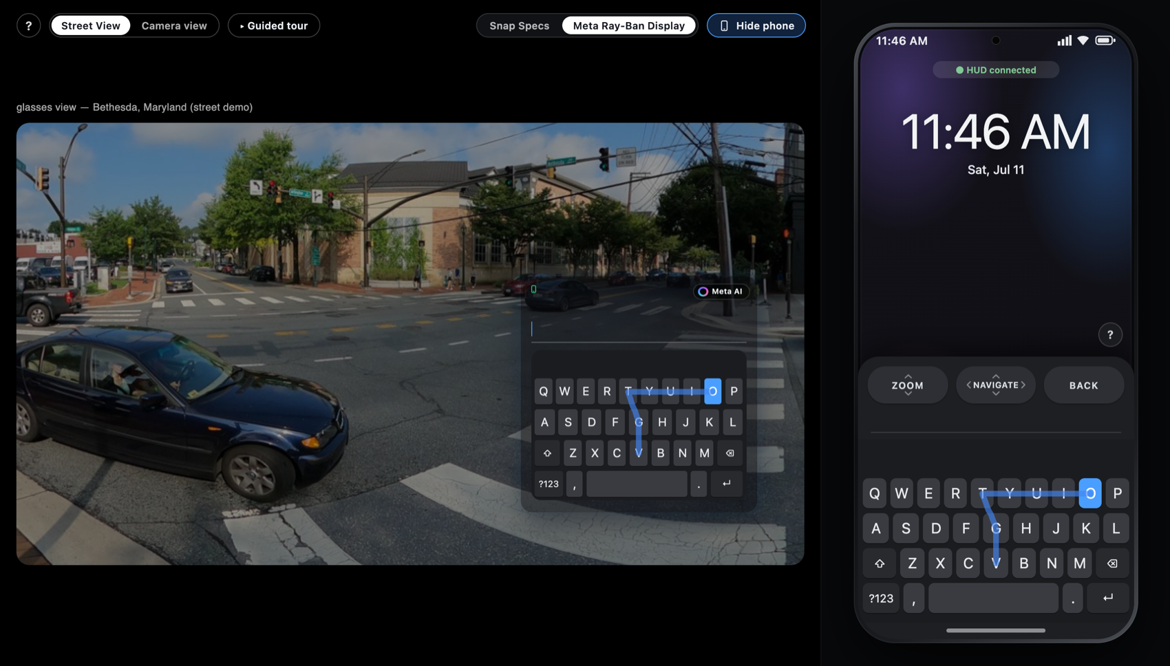 Meta Ray-Ban Display: gliding across the phone keyboard types a query; the swipe trail is mirrored onto the keyboard in the corner display.