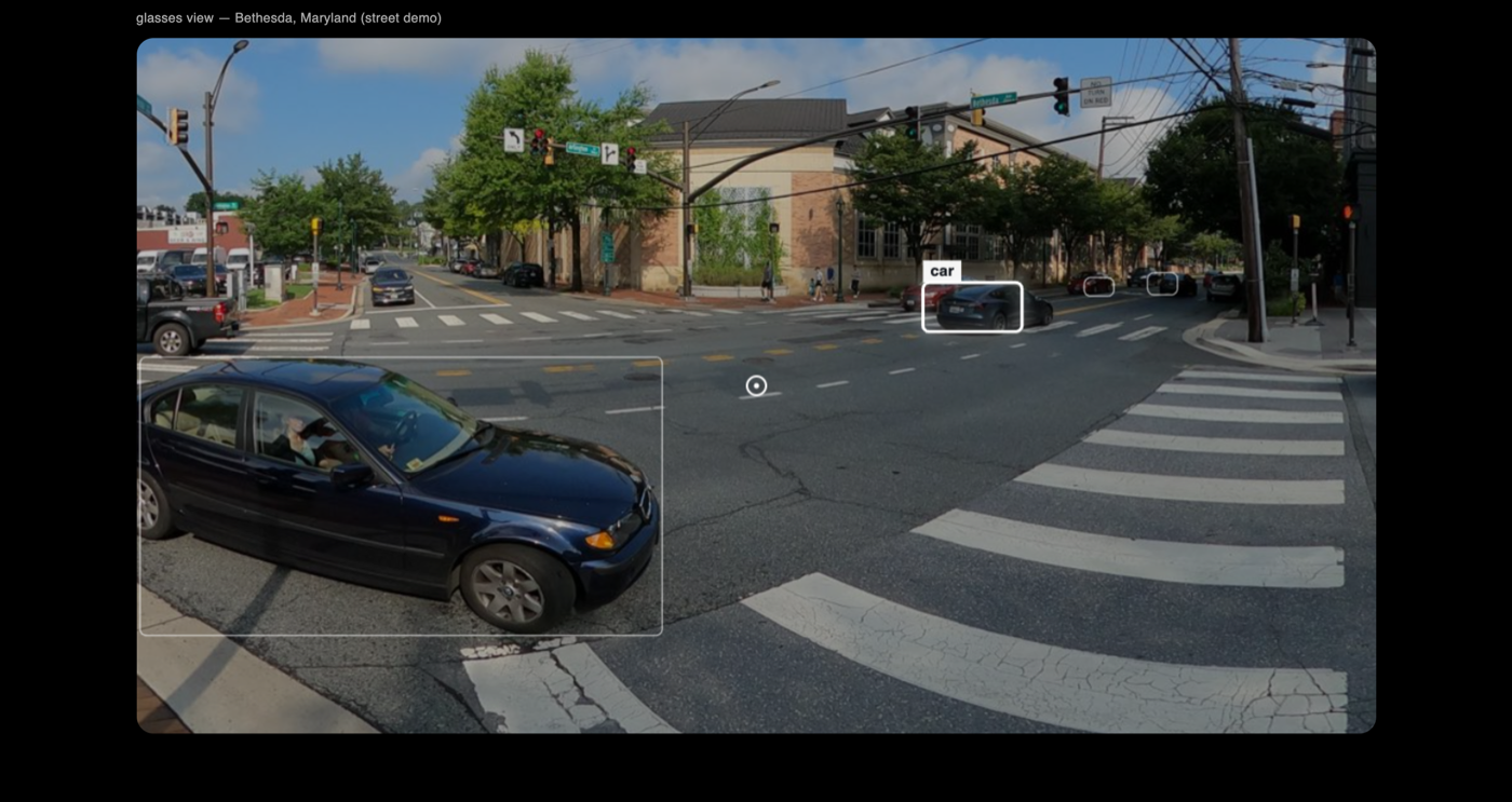 Snap Spectacles: objects in the street are detected and boxed across the full field of view.
