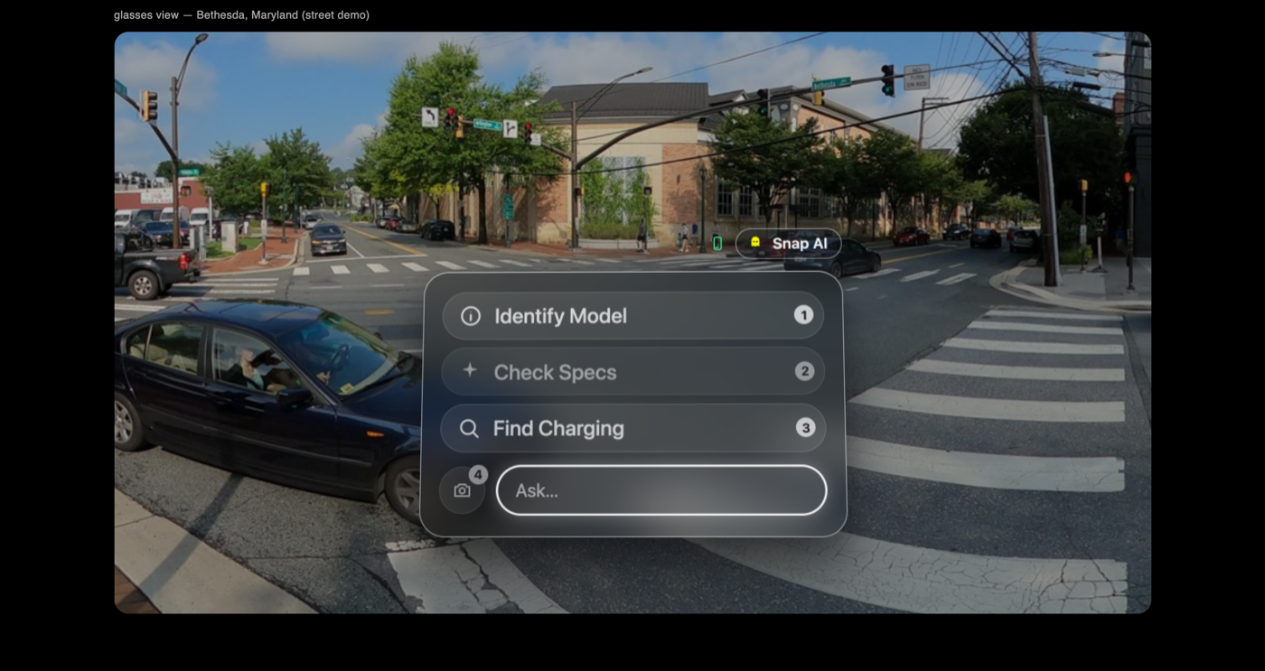 Snap Spectacles: an AI action menu of context-aware actions surfaces for the selected object, painted across the lens.